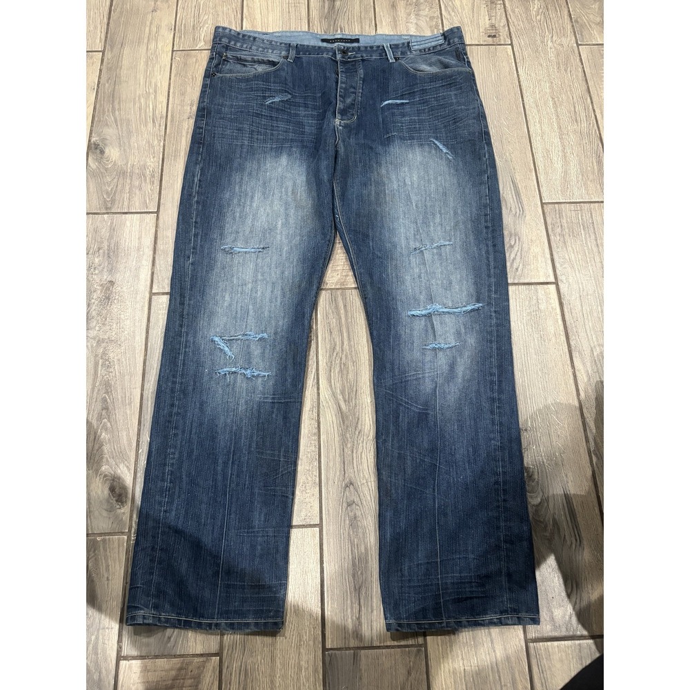 Sean John Men's Size 42 Distressed Button Fly Straight Leg Jeans Dark Wash Blue